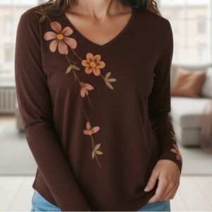 👛 (ANY 2/$20) Laura Petites Brown Long Sleeve V-Neck Sweater Floral Appliqués